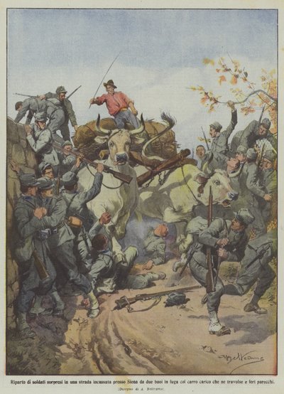 Grupo de soldados sorprendidos en un camino cerca de Siena por dos bueyes en fuga con un carro de Achille Beltrame