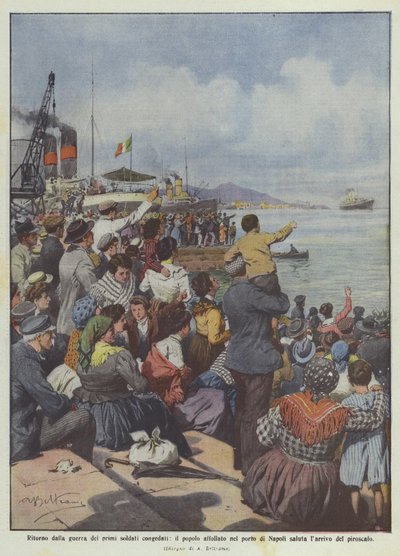 Regreso de la guerra de los primeros soldados licenciados, el pueblo abarrotado en el puerto de Nápoles saluda de Achille Beltrame