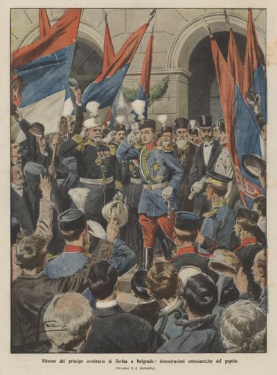 Regreso del príncipe heredero de Serbia a Belgrado, demostraciones entusiastas del pueblo de Achille Beltrame