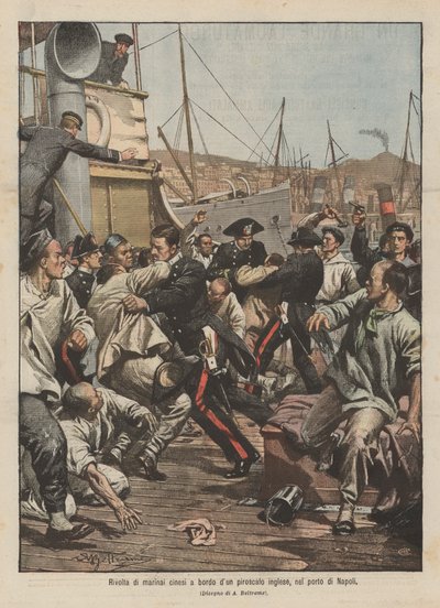 Revuelta de marineros chinos a bordo de un vapor inglés, en el puerto de Nápoles de Achille Beltrame