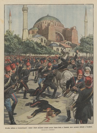 Revuelta militar en Constantinopla, soldados rebeldes reunidos armados cerca de Santa Sofía, en Estambul de Achille Beltrame