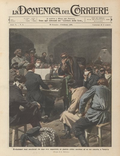 Revolucionarios rusos enmascarados que, tras secuestrar a un célebre pianista, asisten a su concierto de Achille Beltrame