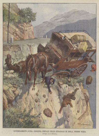 Volcadura de una diligencia postal en la carretera de Isola, cerca de Niza de Achille Beltrame