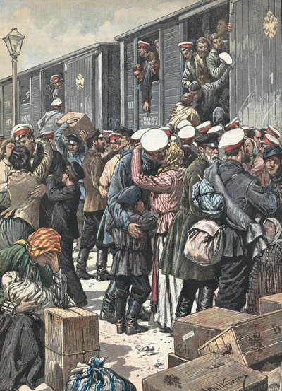 Rusia. Salida de reservistas. Ilustrado por Antonio Beltrame. "La Domenica del Corriere". 9 de octubre de Achille Beltrame