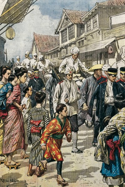 Guerra ruso-japonesa (1904-1905). Llegada a Tokio de los primeros heridos de la batalla de Ya-Lu (febrero de 1904). Imagen de Achille Beltrame para 