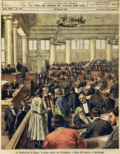 Constitución rusa: primera reunión del Parlamento en San Petersburgo, por Achille Beltrame, de La Domenica del Corriere, 20 de mayo de 1906 de Achille Beltrame