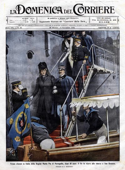 Triste regreso a Italia de la Reina María Pía de Portugal después de 48 años: el rey italiano Víctor Manuel III la recibió en San Rossore en Toscana. Ilustración de Beltrame. La Domenica del Corriere. 6/11/1910 de Achille Beltrame