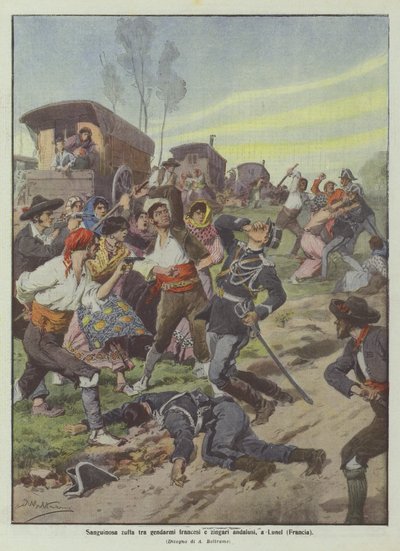 Sangrienta pelea entre gendarmes franceses y gitanos andaluces, en Lunel (Francia) de Achille Beltrame