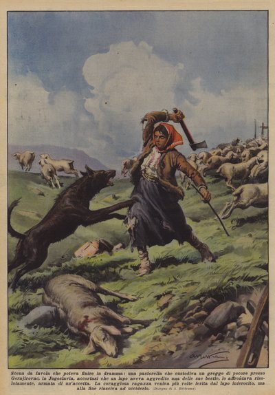Escena de cuento que pudo terminar en drama, una pastora que cuidaba un rebaño de ovejas de Achille Beltrame