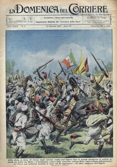 Escena de alegría en Addis Abeba (Addis Abeba), Etiopía, regreso de Ras Hailou de importantes operaciones policiales. Desfile en honor del Duce (Benito Mussolini) y el Rey de Etiopía. Ilustración de Achille Beltrame en “La domenica del corriere” 10/01/1937 de Achille Beltrame