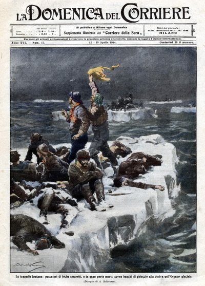 Pescadores de focas, algunos de los cuales murieron, quedaron varados en el hielo a la deriva del océano. Ilustración de Beltrame. La Domenica del Corriere. 12-19/04/1914. de Achille Beltrame
