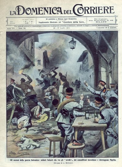 Segunda Guerra Balcánica (1913) entre Bulgaria y Grecia y Turquía: soldados búlgaros incendian y destruyen Nigrita en Grecia. La Domenica del Corriere. 07/1913. Ilustración de Beltrame. de Achille Beltrame
