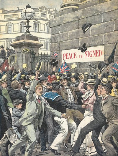 Segunda Guerra Bóer. Anuncio del fin de la guerra en las calles de Londres. Ilustración de Antonio Beltrame. “La Domenica del Corriere” de Achille Beltrame