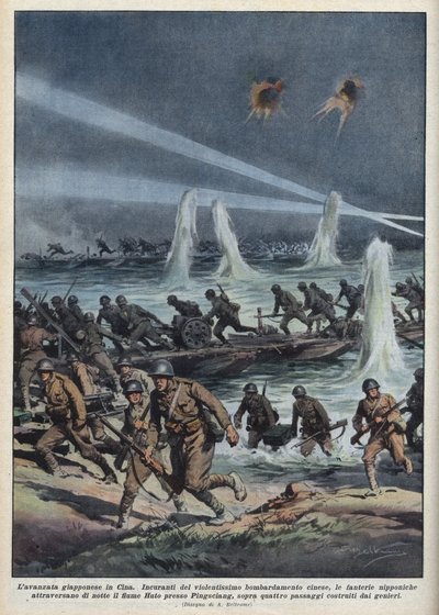 Segunda Guerra Sino-Japonesa (1937-1945): El ejército japonés cruza el río Huto cerca de Pingshang, bajo bombardeo chino. Ilustración de Achille Beltrame de 