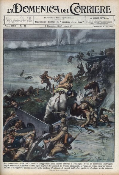 Segunda Guerra Sino-Japonesa (1937-1945): enfrentamientos en campos de arroz cerca de Shanghái. Ilustración de Achille Beltrame en 