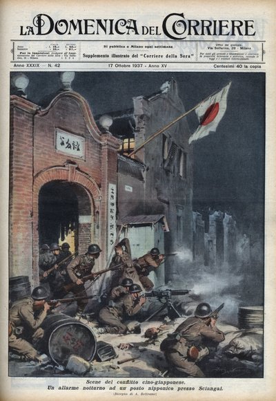 Segunda Guerra Sino-Japonesa (1937-1945): enfrentamientos cerca de Shanghái. Ilustración de Achille Beltrame en “La domenica del corriere” del 17/10/1937. de Achille Beltrame