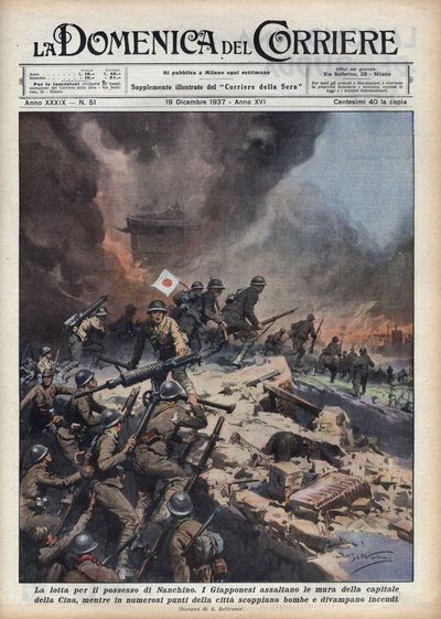 Segunda Guerra Sino-Japonesa (1937-1945): episodio de la Masacre de Nankín durante los conflictos por la posesión de la región. Ilustración de Achille Beltrame en “La domenica del corriere” del 19/12/1937. de Achille Beltrame