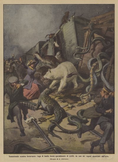 Sensacional choque ferroviario, fuga de bestias feroces, especialmente de reptiles de Achille Beltrame