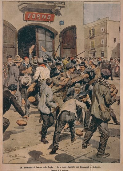 Graves escaseces de trabajo en Apulia, hornos asaltados por los desempleados de Cerignola, por Achille Beltrame, ilustración, Ilustrador Achille Beltrame (1871-1945), de La Domenica del Corriere, 20 de diciembre de 1908 de Achille Beltrame