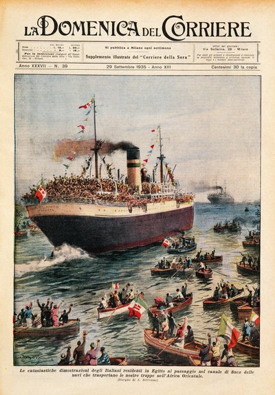 Barcos transportando tropas italianas a África Oriental cruzando el Canal de Suez, ilustración de La Domenica del Corriere, 20 de octubre de Achille Beltrame