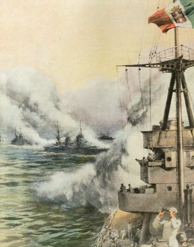Avistado por aviones enemigos, convoy italiano libera pantalla de humo para proteger los barcos, por Achille Beltrame, ilustración de La Domenica del Corriere, 8 de agosto de Achille Beltrame