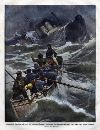 Hundimiento de un barco italiano frente a la Toscana en 1910. Ilustración de Achilles Beltrame de Achille Beltrame
