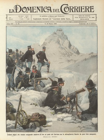 Soldados alpinos realizando maniobras de tiro al pie del Cervino con ametralladoras de Achille Beltrame