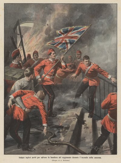 Soldados ingleses muertos por salvar la bandera del regimiento durante el incendio del cuartel de Achille Beltrame