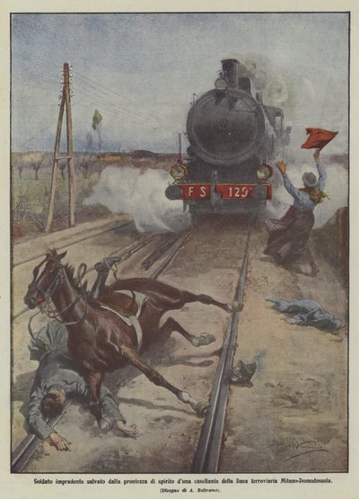 Soldado imprudente salvado por la rapidez de pensamiento de una guardabarreras de la línea ferroviaria Milán-Domodossola de Achille Beltrame