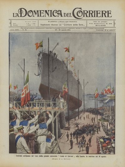 Solemne ceremonia de botadura del gran acorazado Conte di Cavour en La Spezia, la mañana del 10 de agosto de Achille Beltrame