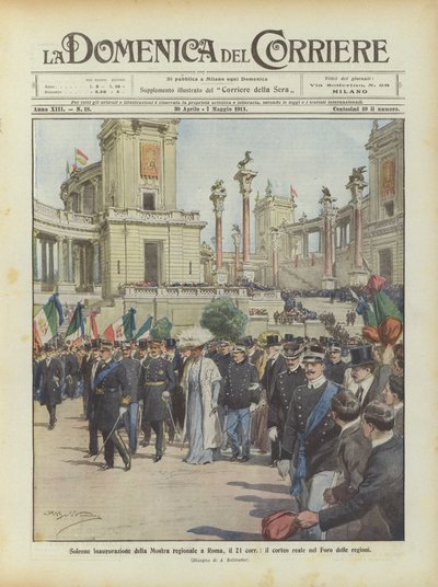 Solemne inauguración de la Exposición Regional en Roma, el 21 del corriente, el cortejo real en el Foro de las regiones de Achille Beltrame