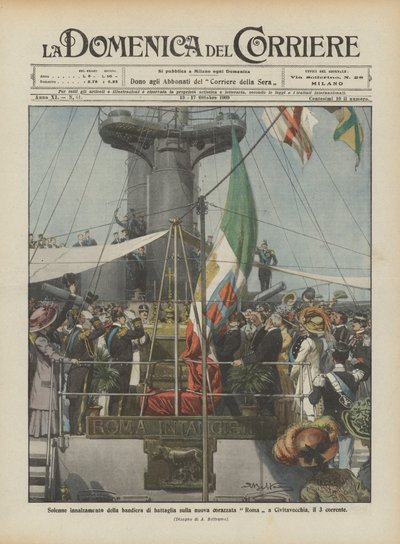 Solemne izado de la bandera de batalla en el nuevo acorazado Roma en Civitavecchia, el 3 de este mes de Achille Beltrame