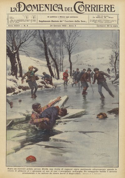Sobre un torrente helado, cerca de Biella, un grupo de niños patinaba alegremente de Achille Beltrame