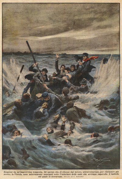 Sorprendidos por una tormenta repentina, 34 obreros, que, de regreso del trabajo, cruzaban de Achille Beltrame