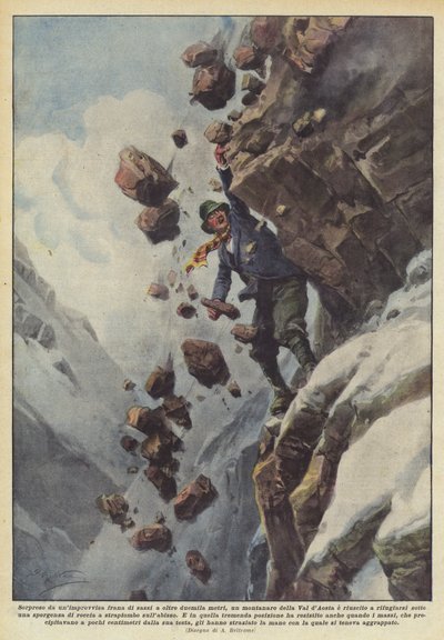 Sorprendido por un repentino deslizamiento de rocas a más de dos mil metros, un montañero del Valle de Aosta de Achille Beltrame