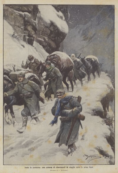 Bajo la tormenta, una columna de suministros en viaje hacia las primeras líneas de Achille Beltrame