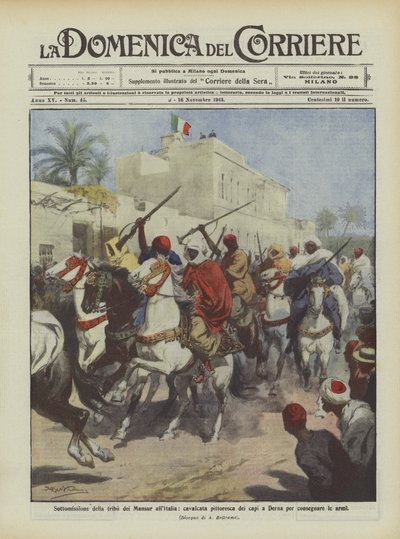 Sumisión de la tribu de los Mansur a Italia, pintoresca cabalgata de los jefes en Derna para entregar las armas de Achille Beltrame