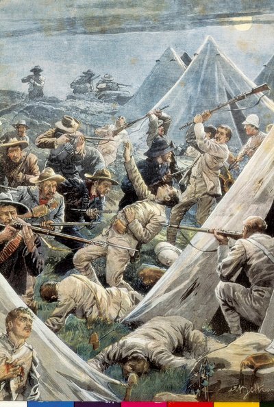 Sudáfrica. Segunda Guerra Bóer. Ataque al campamento inglés de Tweefontein (1902). Ilustración de Achille Beltrame. Grabado. de Achille Beltrame