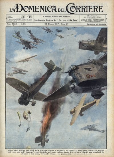 Guerra Civil Española: Enfrentamientos aéreos entre aviones republicanos y nacionalistas sobre España en guerra. Ilustración de Achille Beltrame en "La domenica del Corriere" del 20/06/1937 de Achille Beltrame
