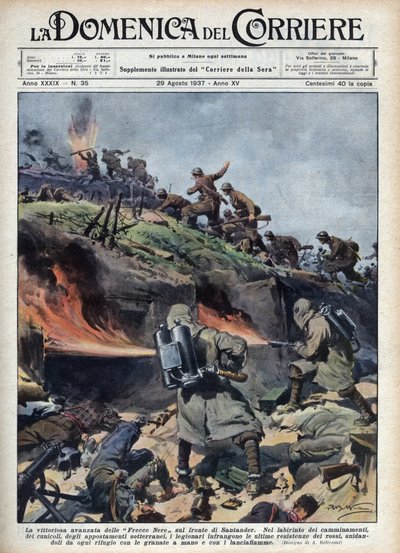 Guerra Civil Española: Avance de las brigadas “Frecce nere” en el frente de Santander. Ilustración de Achille Beltrame en “La domenica del corriere” del 29/08/1937. de Achille Beltrame
