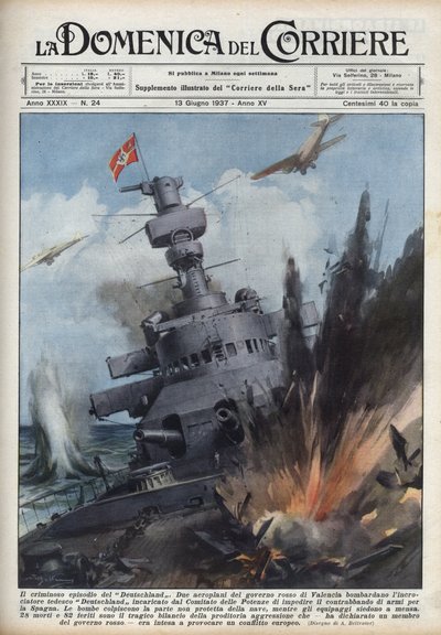 Guerra Civil Española: Dos aviones del gobierno republicano en Valencia bombardearon el crucero alemán Deutschland para evitar el tráfico de armas a España. Ilustración de Achille Beltrame en “La domenica del Corriere” del 13/06/1937. de Achille Beltrame