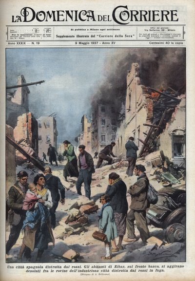 Guerra Civil Española: vista de las ruinas de la ciudad de Eibar en el País Vasco devastada por los rojos. Ilustración de Achille Beltrame en 