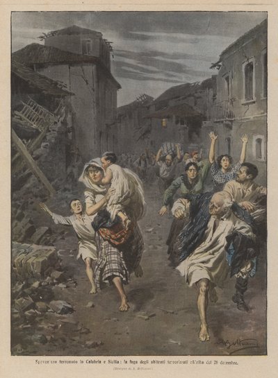 Espantoso terremoto en Calabria y Sicilia, la huida de los habitantes aterrorizados al amanecer del 28 de diciembre de Achille Beltrame