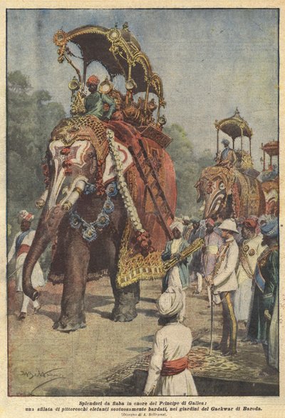Esplendores de cuento de hadas en honor del Príncipe de Gales, un desfile de pintorescos elefantes de Achille Beltrame