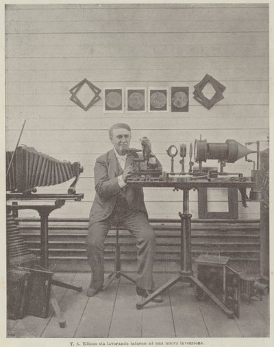 T. A. Edison trabajando en una nueva invención de Achille Beltrame