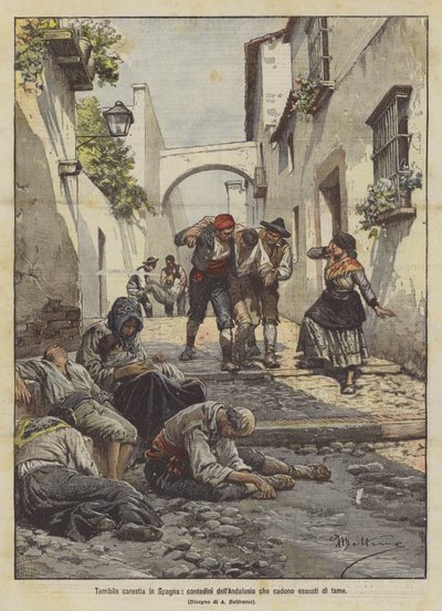 Terrible hambruna en España, campesinos de Andalucía que caen exhaustos de hambre de Achille Beltrame