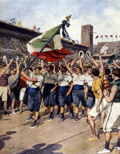 Los Juegos Olímpicos de Estocolmo de 1912: el equipo de gimnasia italiano ganador. Ilustración de A. Beltrame. La Domenica del Corriere de Achille Beltrame