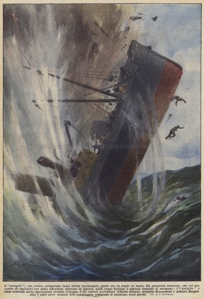 La Garra, que había recuperado tantos tesoros naufragados, yace ahora en el fondo del mar (litografía en color) de Achille Beltrame