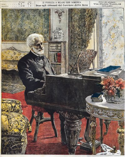 El compositor italiano Giuseppe Verdi en su estudio, placa de Achille Beltrame (1871-1945), La Domenica del Corriere, 8 de octubre de Achille Beltrame