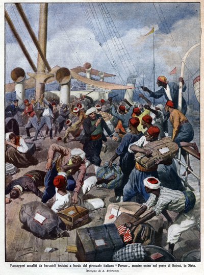 El transatlántico italiano "Perseo" en el momento de la entrada en el puerto de Beirut en Siria es asaltado por bandidos del mar - en "La Domenica del Corriere" 07/1913. Ilustración de Beltrame de Achille Beltrame